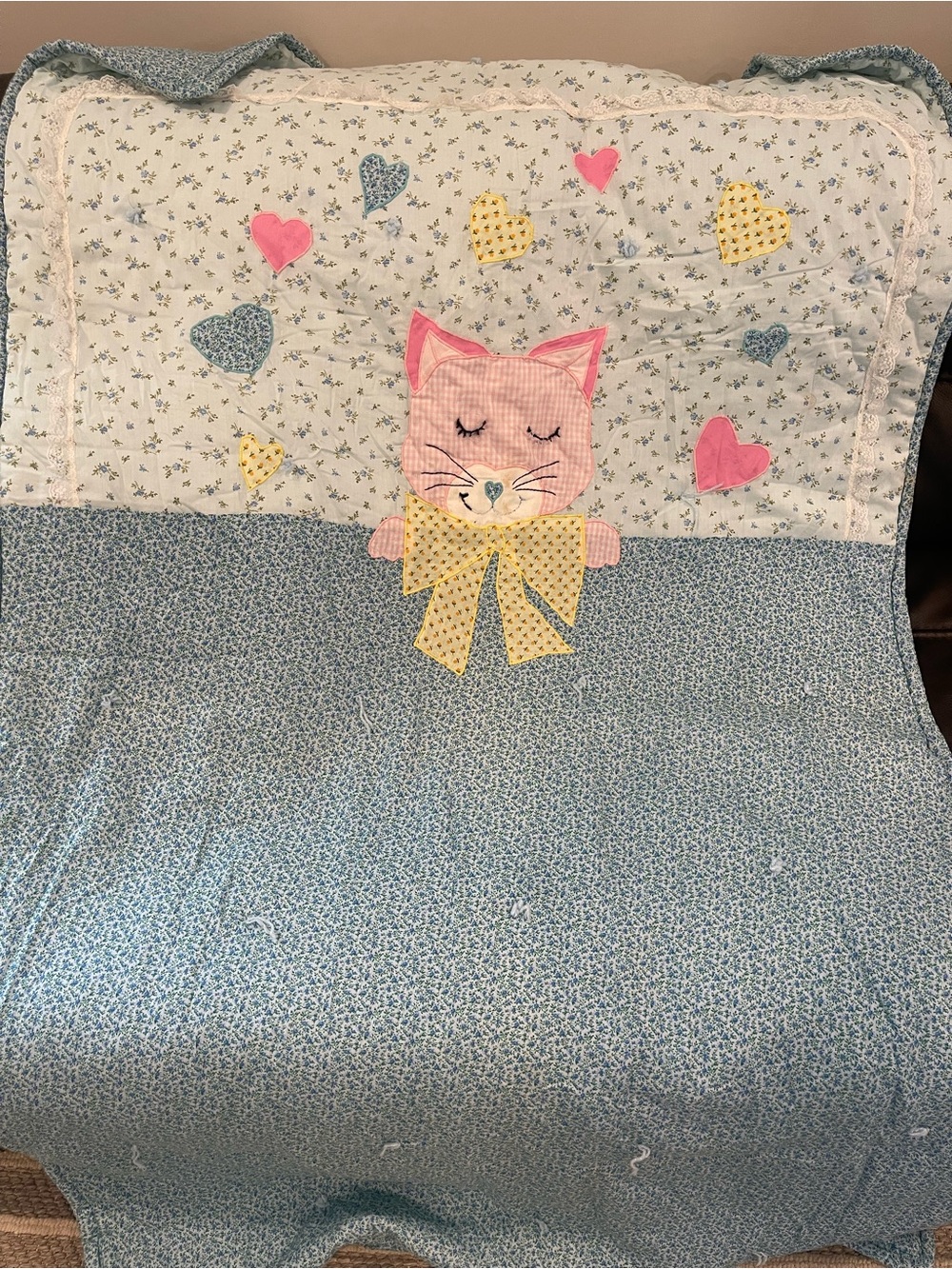 Children's Kitty Appliqué Quilt - Pink, Blue, Yellow 72x41
